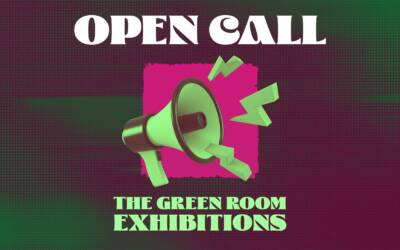 A green megaphone stands out against a pink swirly background, and the text reads: Open Call. The Green Room Exhibitions.